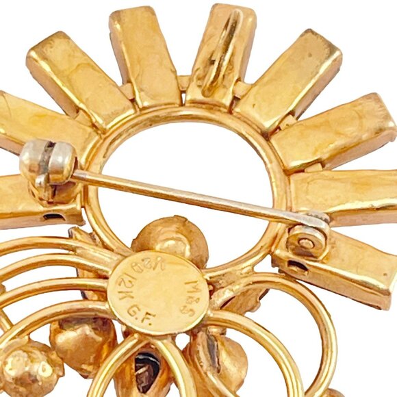 M & S Vintage 12K Gold Filled Blue Rhinestone Ornate Floral Blue Brooch - Picture 8 of 9